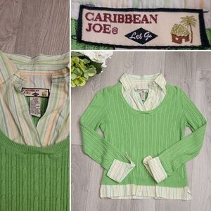 Caribbean Joe Lime Green Long Sleeve Sweater Striped Collar, Cuffs, Hem, Women S